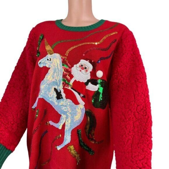 99 Jane Street Womens Red Santa Holiday Sequin Unicorn Hi-Low Sweater Top SZ 1X - Picture 12 of 15